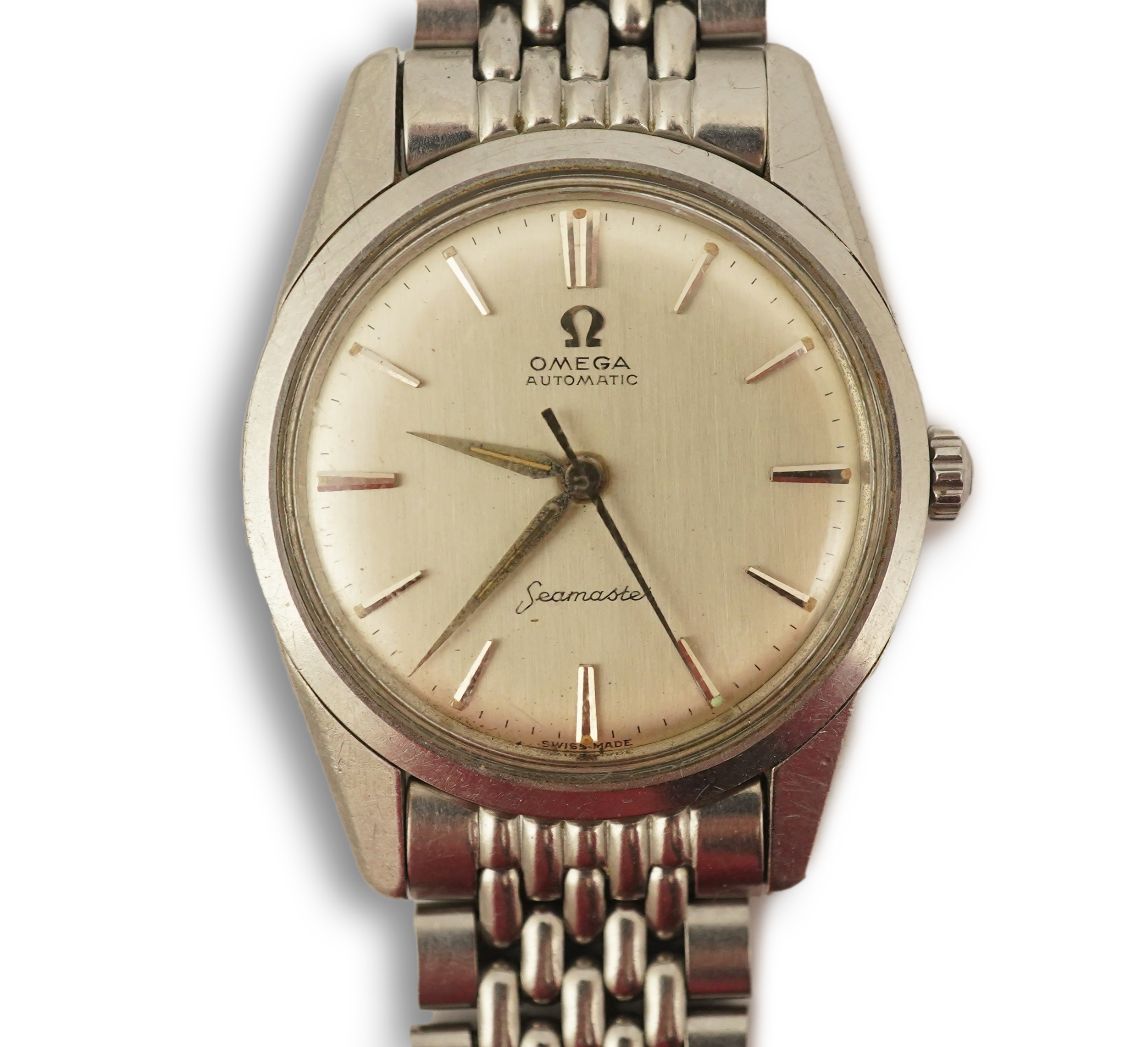 A gentleman's 1960's? stainless steel Omega Seamaster automatic wrist watch, on a stainless steel Omega bracelet